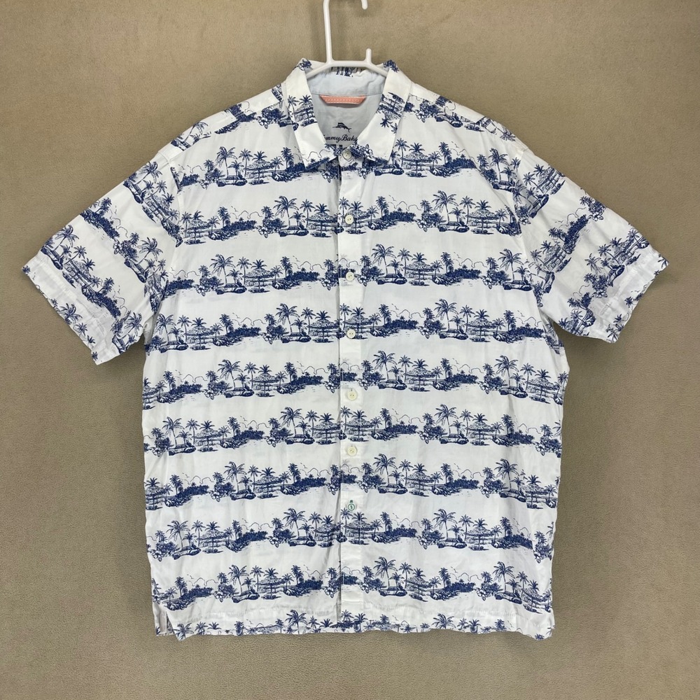 Tommy Bahama Mens XL Relax Hawaiian Shirt Blue White Tropical Palm Trees